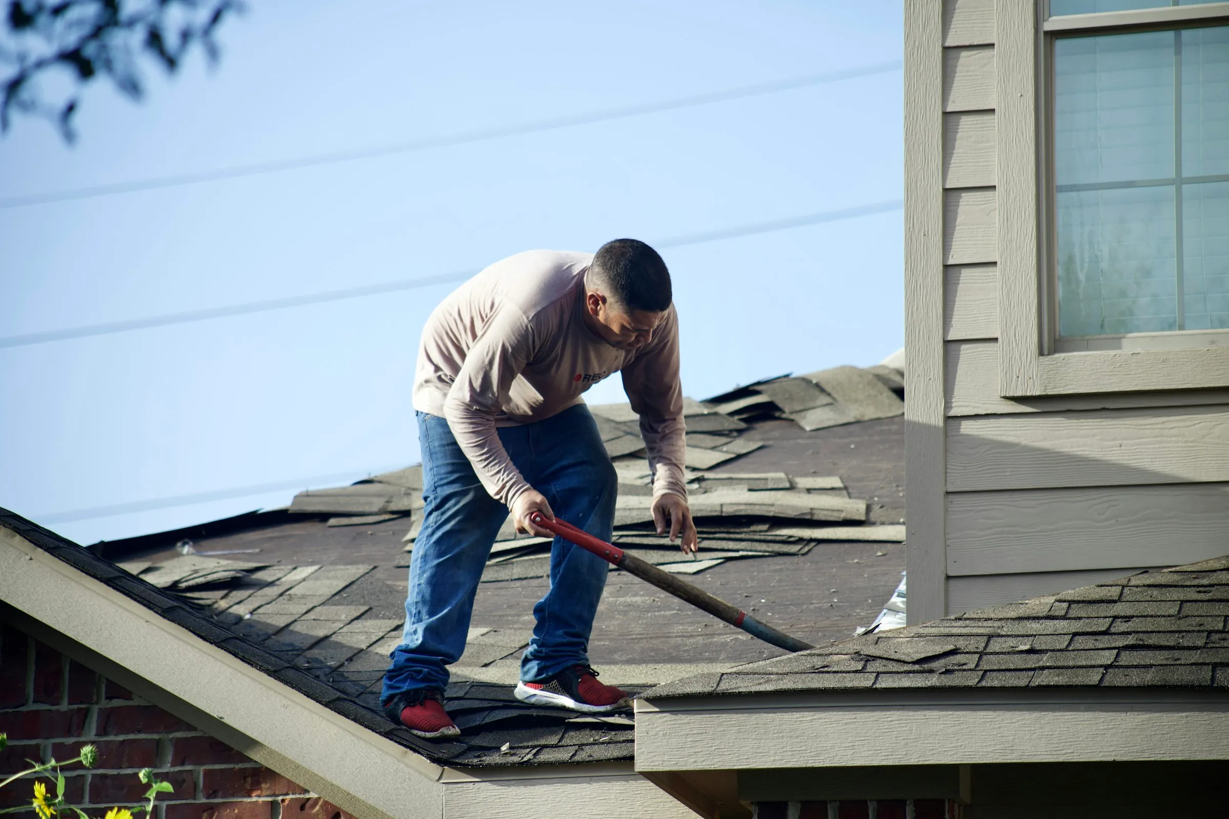 A roofer in a long-sleeved shirt and jeans strips old asphalt shingles from a house roof with a long-handled roofing shovel during a roof replacement, torn shingles piled on the bare deck.